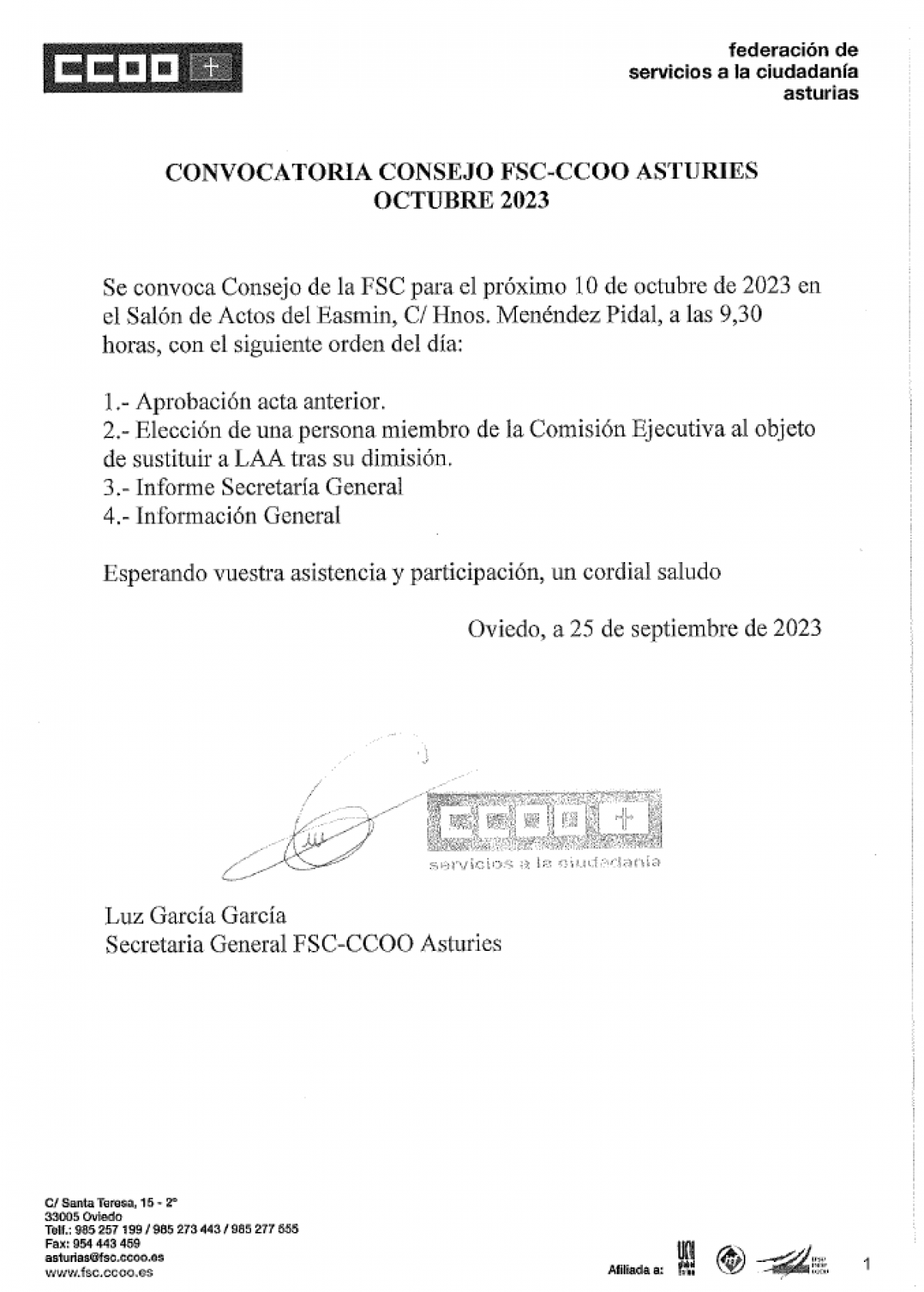 Convocatoria de Consejo FSC-CCOO Asturias