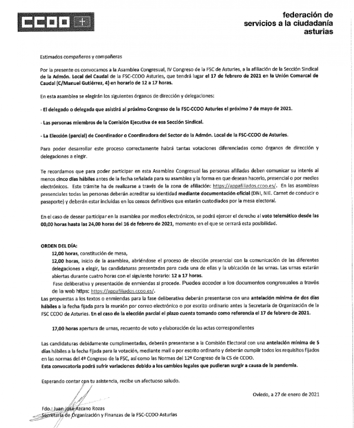 Convocatoria asamblea SS Admn Local Caudal 17-02-2021. FSC Asturias