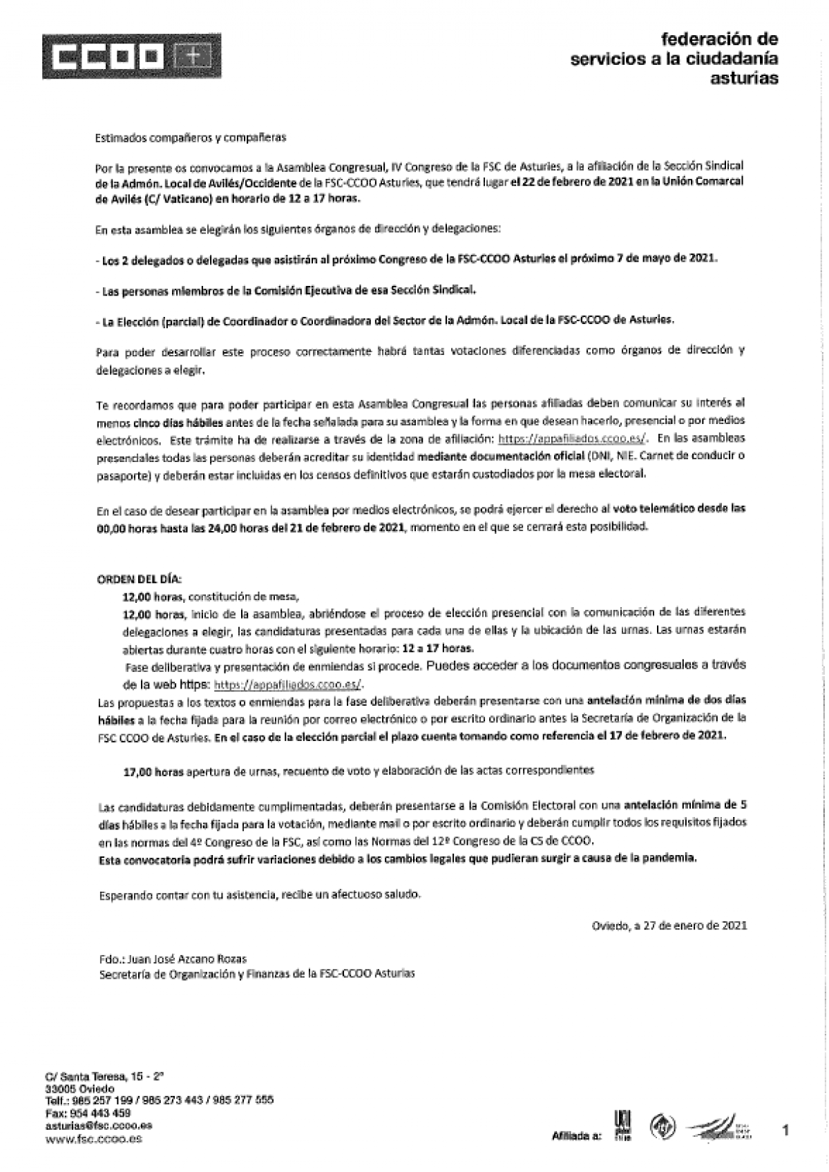 Convocatoria asamblea SS Admn Local Avils 22-02-2021. FSC Asturias