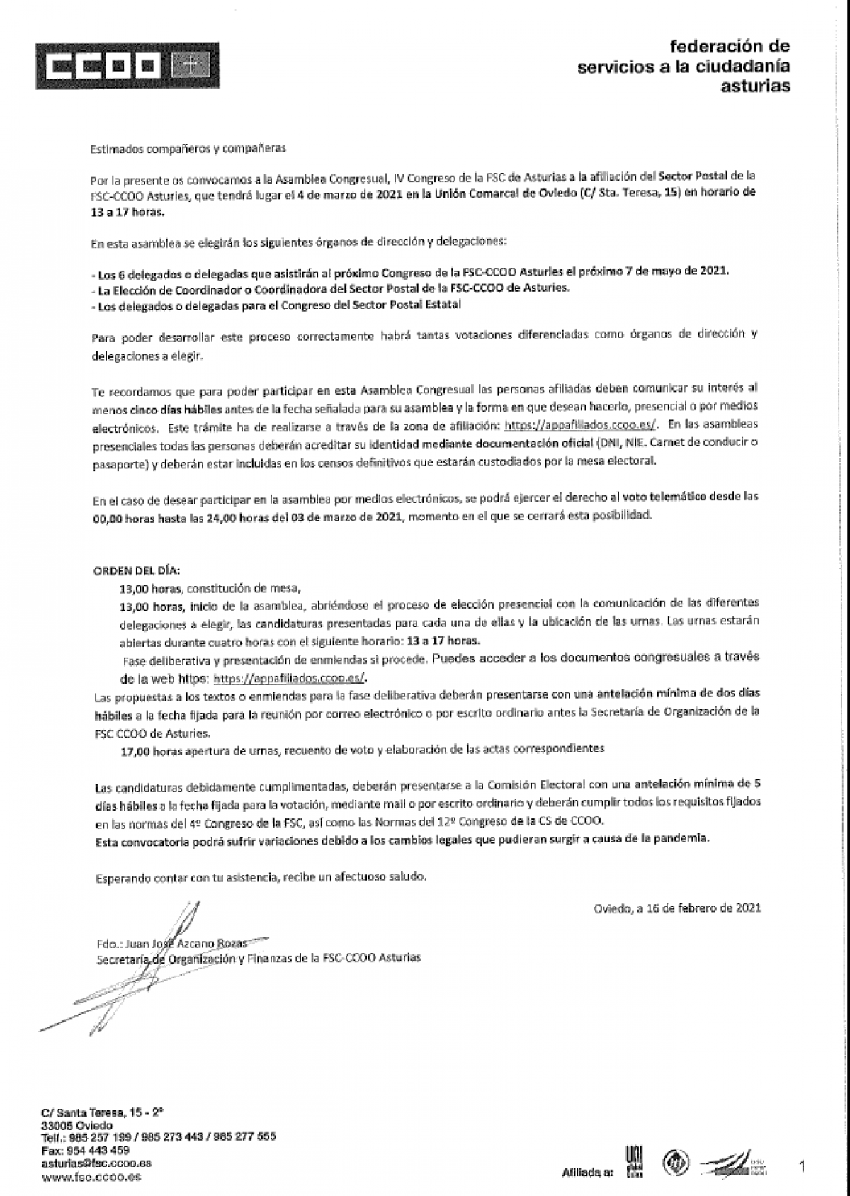 Convocatoria asamblea congresual Sector Postal 4-3-21 FSC Asturias