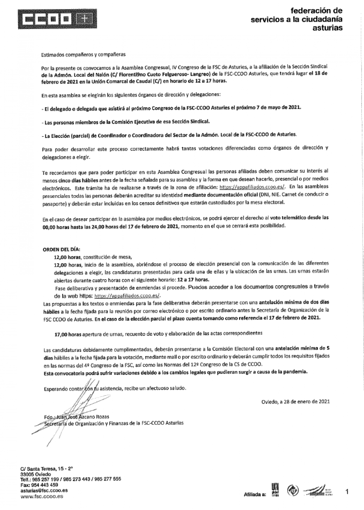 Convocatoria asamblea SS Admón Local del Nalón 18-02-2021. FSC Asturias