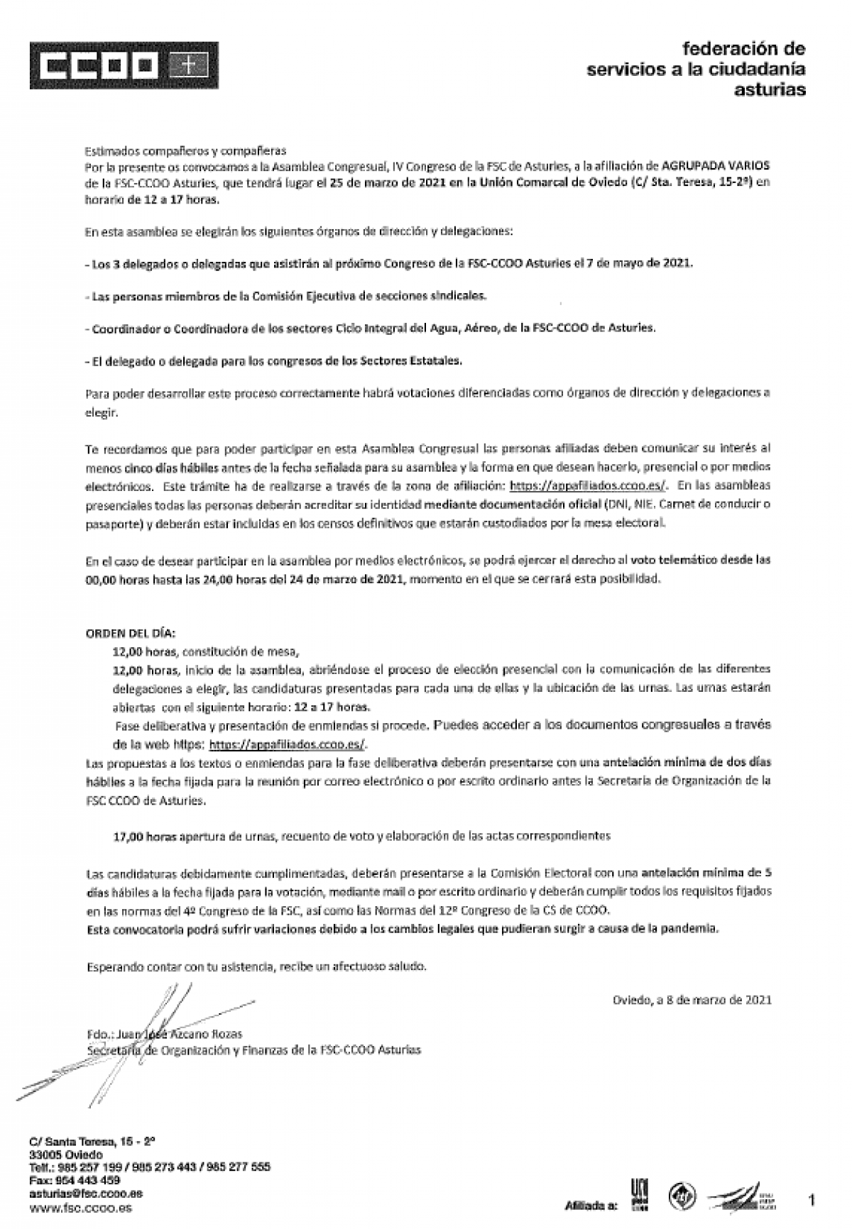 Convocatoria asamblea congresual Agrupada-Varios 25-3-21 FSC Asturias