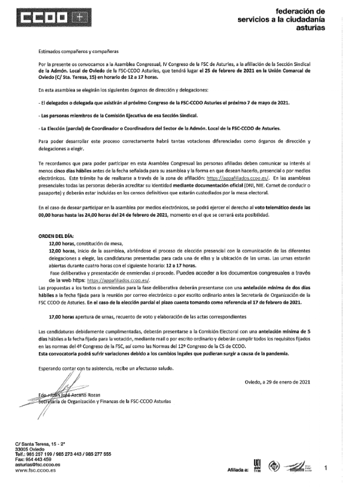 Convocatoria asamblea SS Admón Local Oviedo 25-02-2021. FSC Asturias