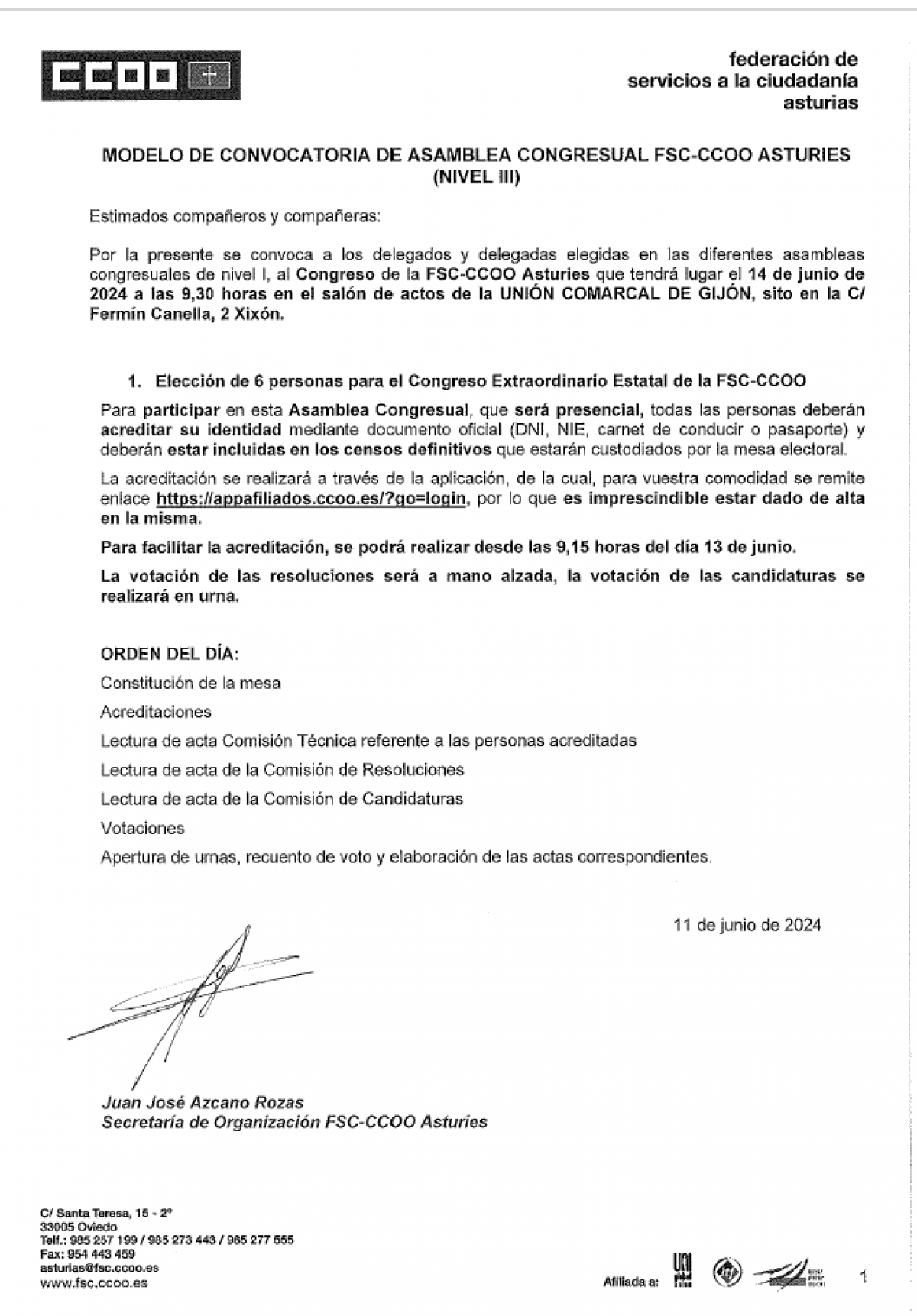 Nueva convocatoria Congreso Extraordinario FSC Asturias