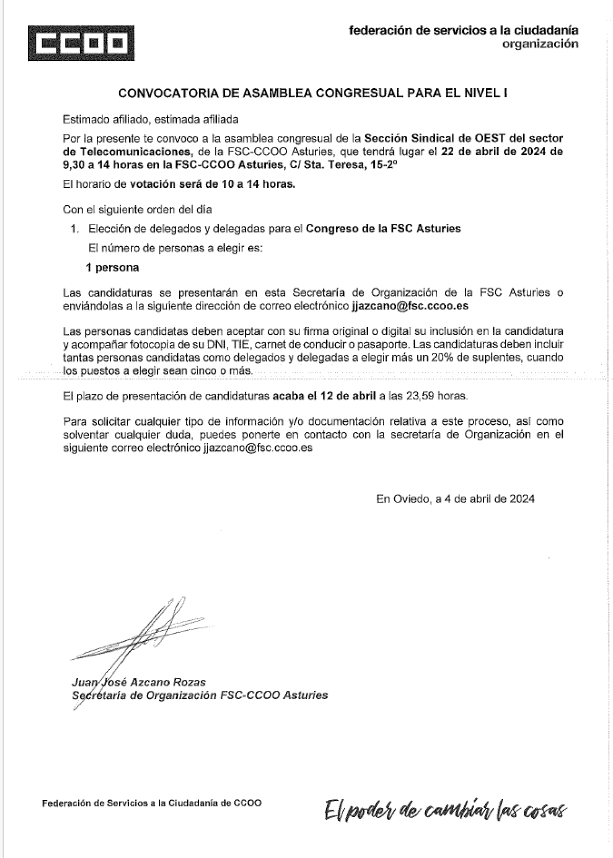 Asamblea Congresual. Congreso FSC Asturias. Sector Telecomunicaciones OEST