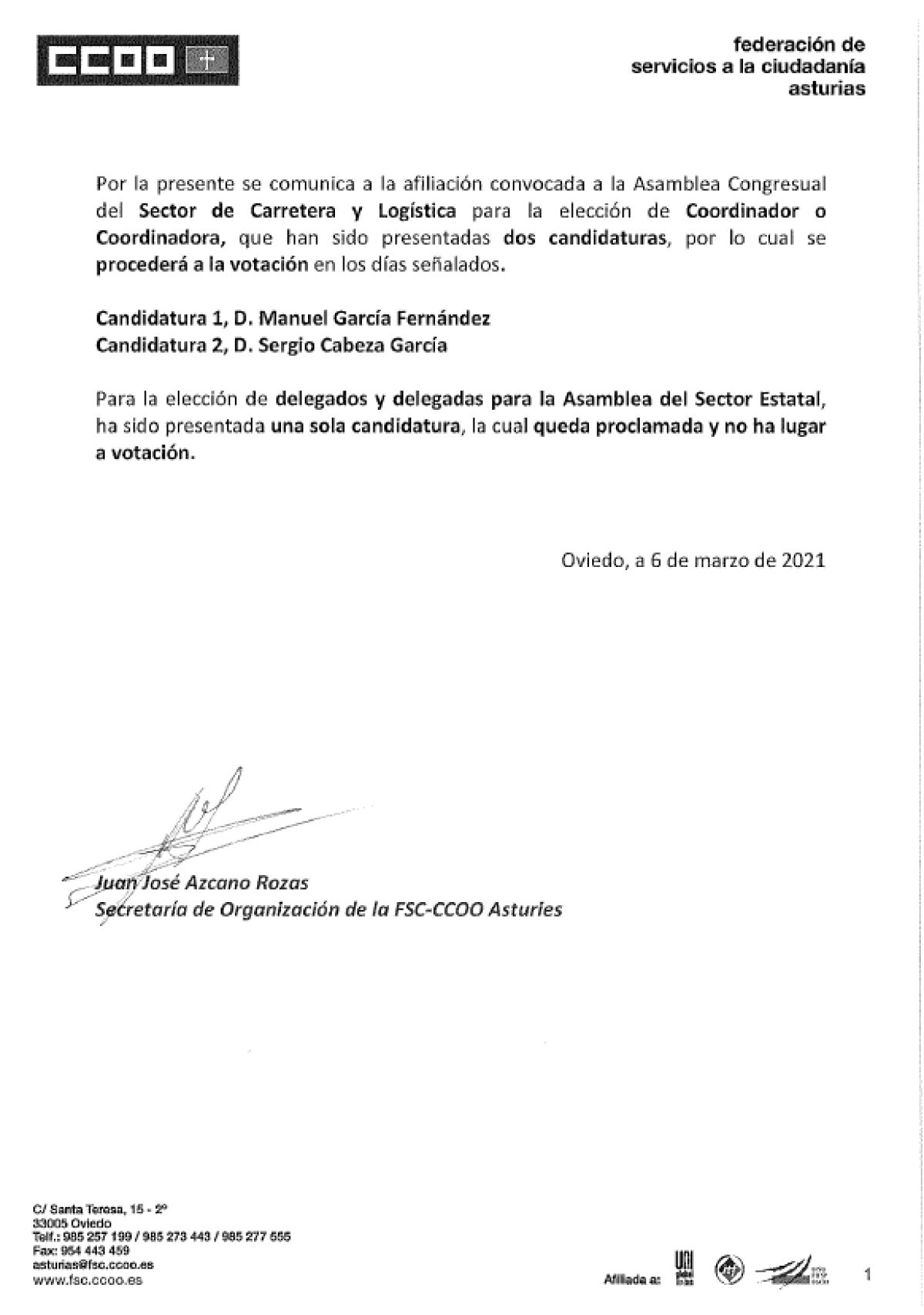Votación coordinador S. Carretera y proclamación candidatura única delegado S. Estatal. FSC Asturias
