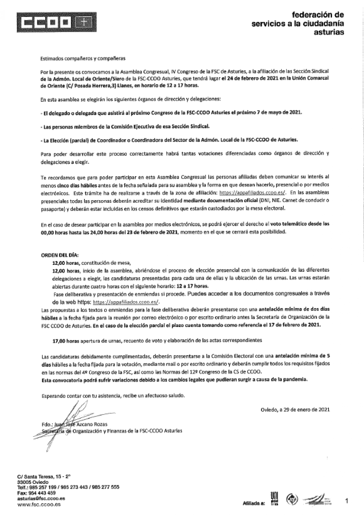 Convocatoria asamblea SS Admón Local del Oriente-Siero 24-02-2021. FSC Asturias