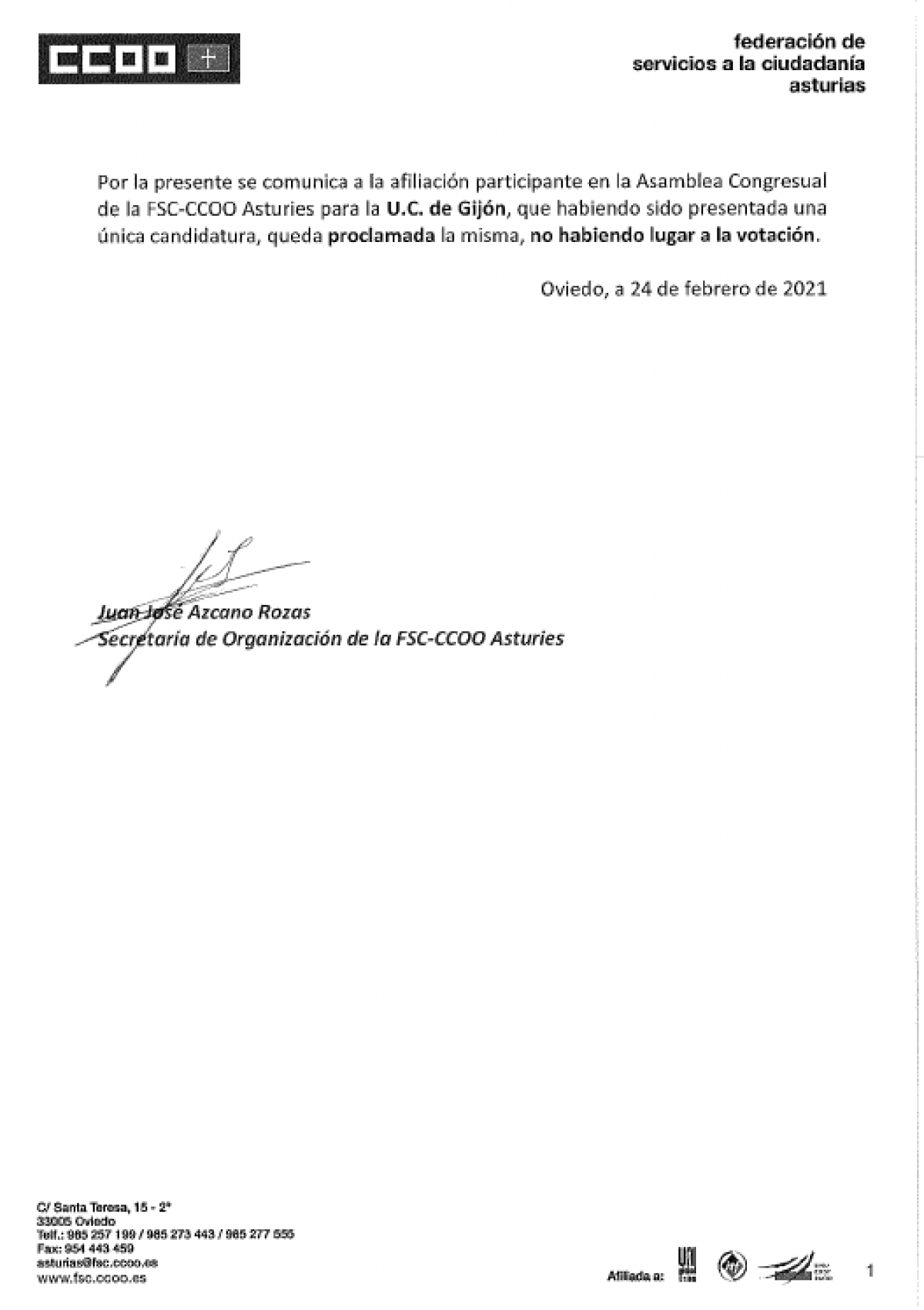 Proclamación candidatura única UC Gijón/Xixón