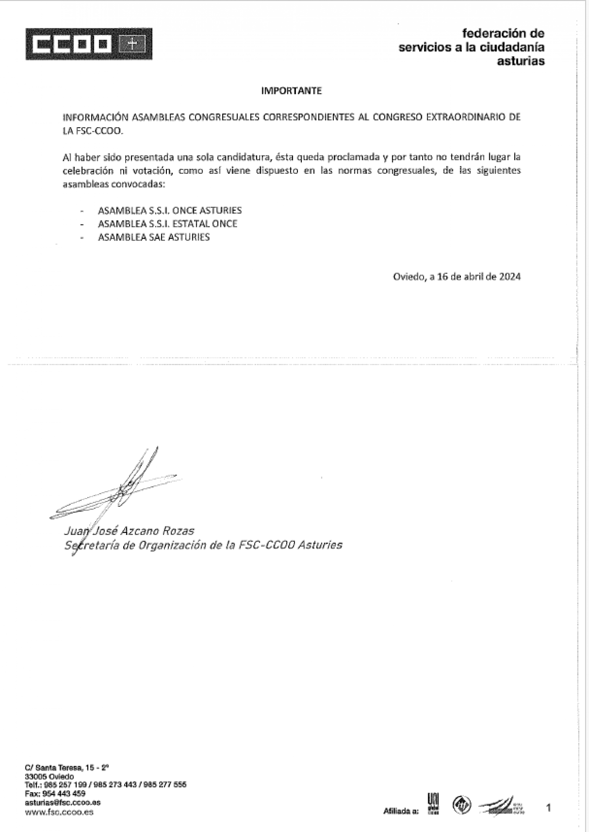 Proclamacin de candidaturas SS ONCE Y SAE Asturias, y SS ONCE Estatal